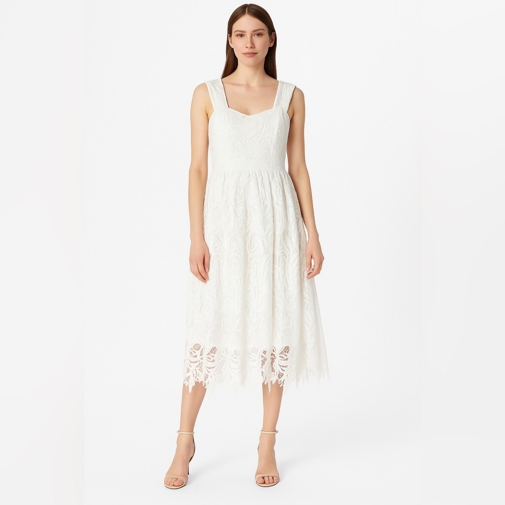 Shoshanna Midnight | Women's White Floral Lace Midi Dress Size 10 Wedding Bride
